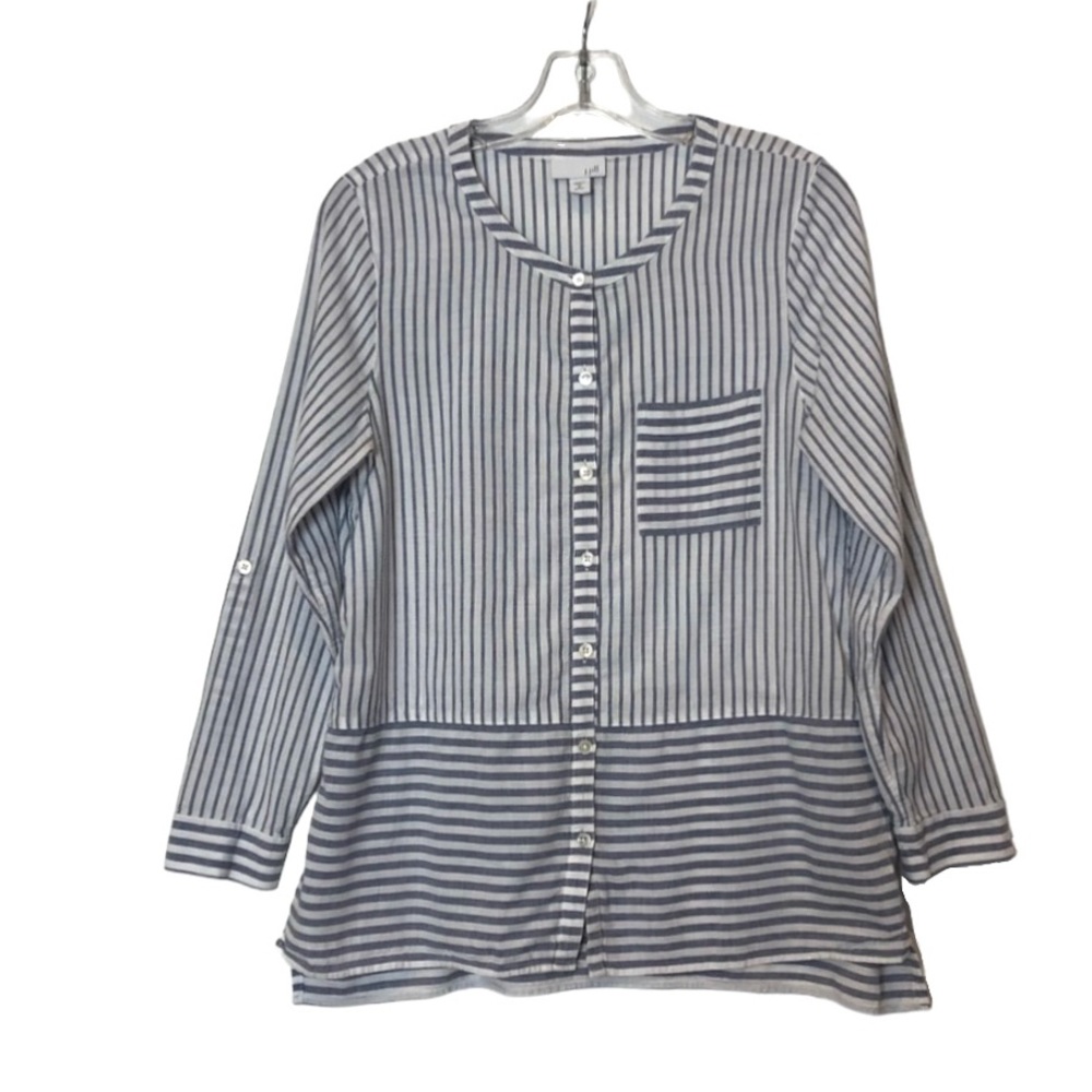 J. Jill Blue & White Striped Cotton Top with Roll Tab Sleeves